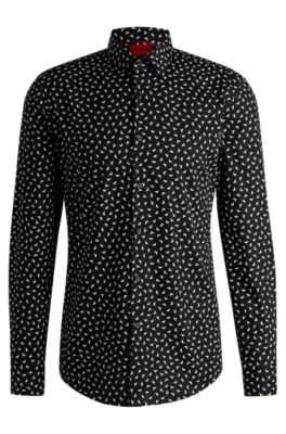 Slim-fit shirt in printed cotton poplin, Black