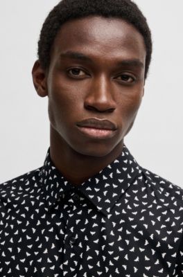 Slim-fit shirt in printed cotton poplin, Black