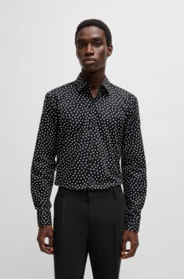 Slim-fit shirt in printed cotton poplin, Black
