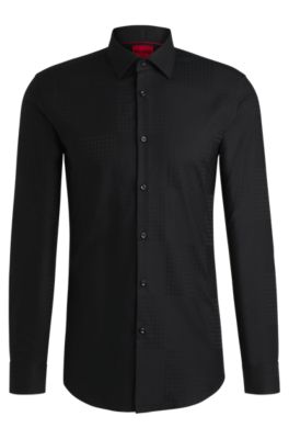 Slim-fit shirt in cotton jacquard with checkerboard print, Black