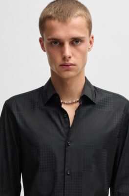 Slim-fit shirt in cotton jacquard with checkerboard print, Black