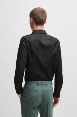 Slim-fit shirt in cotton jacquard with checkerboard print, Black