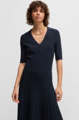 Vestido con escote en pico y estructura de canal&eacute;, Azul oscuro