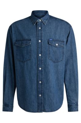 Camisa loose fit en denim de algod&oacute;n azul, Azul oscuro