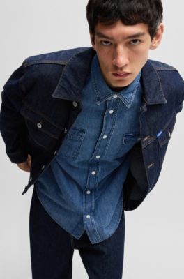 Camisa loose fit en denim de algod&oacute;n azul, Azul oscuro