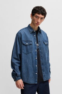 Camisa loose fit en denim de algod&oacute;n azul, Azul oscuro
