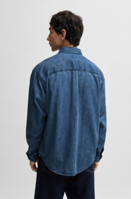 Camisa loose fit en denim de algod&oacute;n azul, Azul oscuro