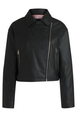 Hugo Boss Faux-leather Biker-style Jacket With Signature Trims In Black