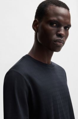 Regular-fit T-shirt in cotton-silk checked jacquard, Dark Blue