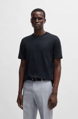 Regular-fit T-shirt in cotton-silk checked jacquard, Dark Blue