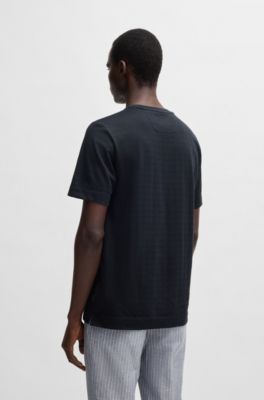 Regular-fit T-shirt in cotton-silk checked jacquard, Dark Blue