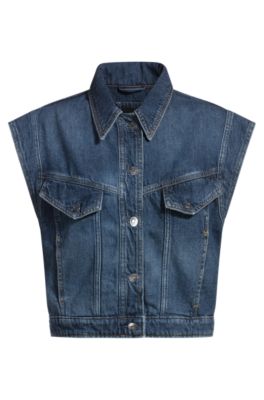 Veste carr&eacute;e sans manches en denim indigo, bleu clair