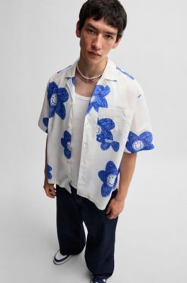 Camisa relaxed fit en popel&iacute;n de algod&oacute;n estampado, Blanco