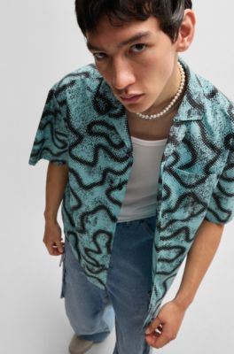 Camisa relaxed fit en popel&iacute;n de algod&oacute;n estampado, Turquesa