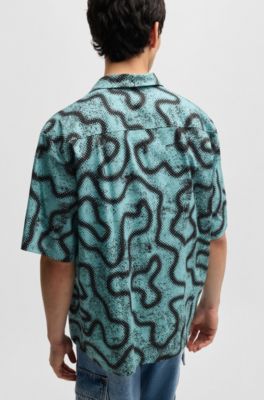 Camisa relaxed fit en popel&iacute;n de algod&oacute;n estampado, Turquesa