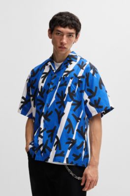 Relaxed-fit shirt in printed cotton poplin, Light Blue