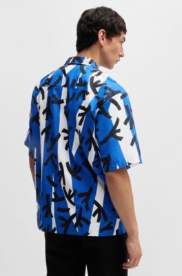 Camisa relaxed fit en popel&iacute;n de algod&oacute;n estampado, Celeste