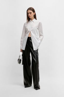 Loose-fit cargo trousers in faux leather, Black