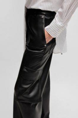 Loose-fit cargo trousers in faux leather, Black