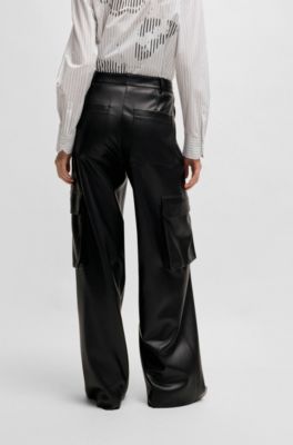 Loose-fit cargo trousers in faux leather, Black