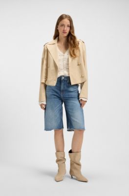 Shorts vaqueros por la rodilla con dobladillo sin rematar, Azul