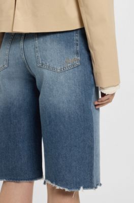 Shorts vaqueros por la rodilla con dobladillo sin rematar, Azul