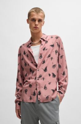 Camisa relaxed fit en popel&iacute;n con estampado de temporada, Rosa claro
