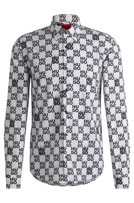 Slim-fit shirt in seasonal-print cotton poplin