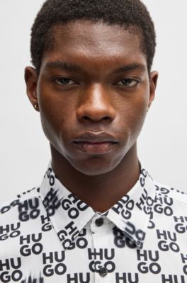 Camisa slim fit en popel&iacute;n de algod&oacute;n con estampado de temporada, Blanco