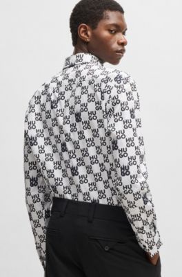 Camisa slim fit en popel&iacute;n de algod&oacute;n con estampado de temporada, Blanco