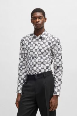 Slim-fit shirt in seasonal-print cotton poplin, White