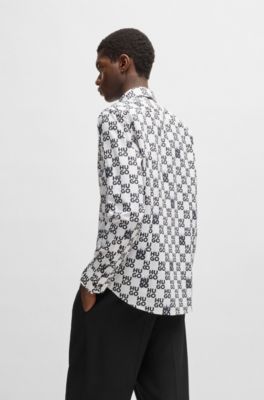 Camisa slim fit en popel&iacute;n de algod&oacute;n con estampado de temporada, Blanco