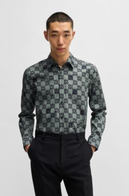 Camisa slim fit en popel&iacute;n de algod&oacute;n con estampado de temporada, Cal