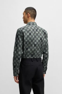 Camisa slim fit en popel&iacute;n de algod&oacute;n con estampado de temporada, Cal