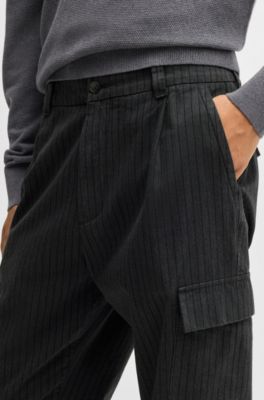 Tapered-fit trousers in striped brushed cotton, Dark Grey