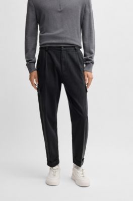 Tapered-fit trousers in striped brushed cotton, Dark Grey