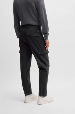Tapered-fit trousers in striped brushed cotton, Dark Grey
