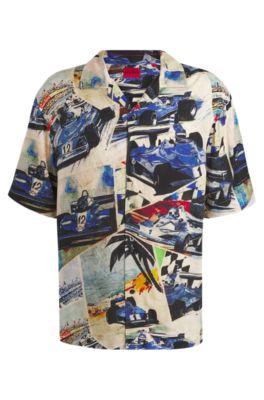 Camisa oversize fit con estampado vintage de carreras, Celeste