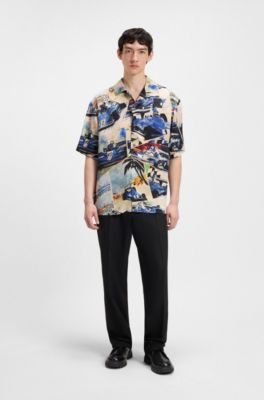 Camisa oversize fit con estampado vintage de carreras, Celeste