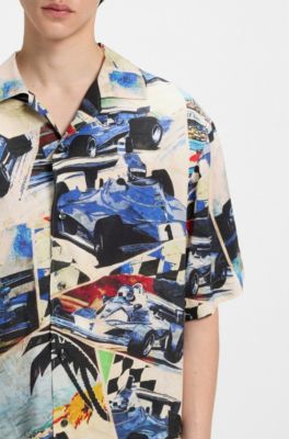 Camisa oversize fit con estampado vintage de carreras, Celeste