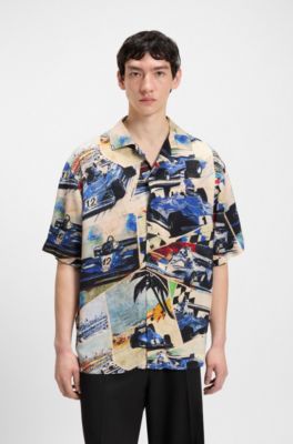 Camisa oversize fit con estampado vintage de carreras, Celeste