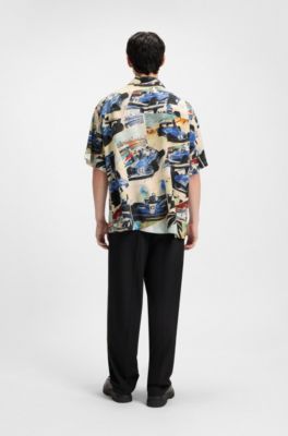 Camisa oversize fit con estampado vintage de carreras, Celeste
