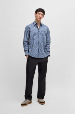 Slim-fit shirt in abstract print cotton, Light Blue