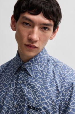 Slim-fit shirt in abstract print cotton, Light Blue
