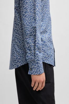 Slim-fit shirt in abstract print cotton, Light Blue