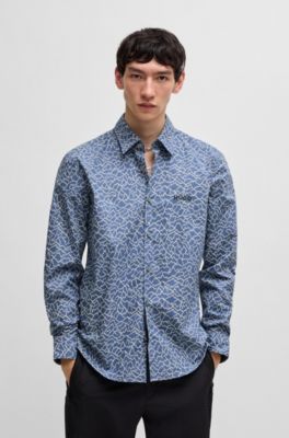 Slim-fit shirt in abstract print cotton, Light Blue