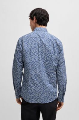 Slim-fit shirt in abstract print cotton, Light Blue