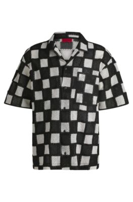 HUGO - Oversize-fit shirt in check-print crochet - Black