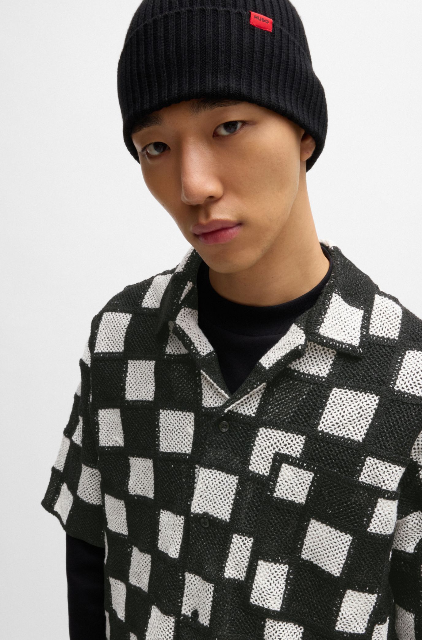 HUGO - Oversize-fit shirt in check-print crochet - Black
