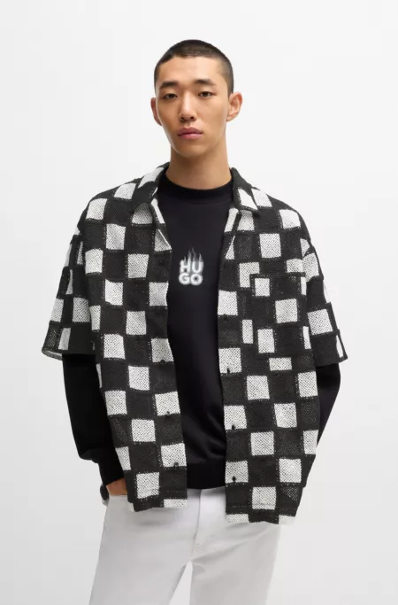 Oversize-fit shirt in check-print crochet